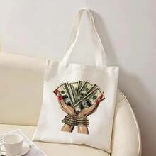 Two Sides Printing,Ne Zippered Main Pocket With Open And Closed Zippers.Women's White Canvas Tote Bag With Money And Jewelry Design - Durable Polyester Shoulder Bag With Sturdy Handles, Suitable For Parties, Travel, Shopping - Perfect For Christmas, Halloween, Mother's Day, Graduation, Party Accessories, Distinctive Pattern Print, Reinforced Handles