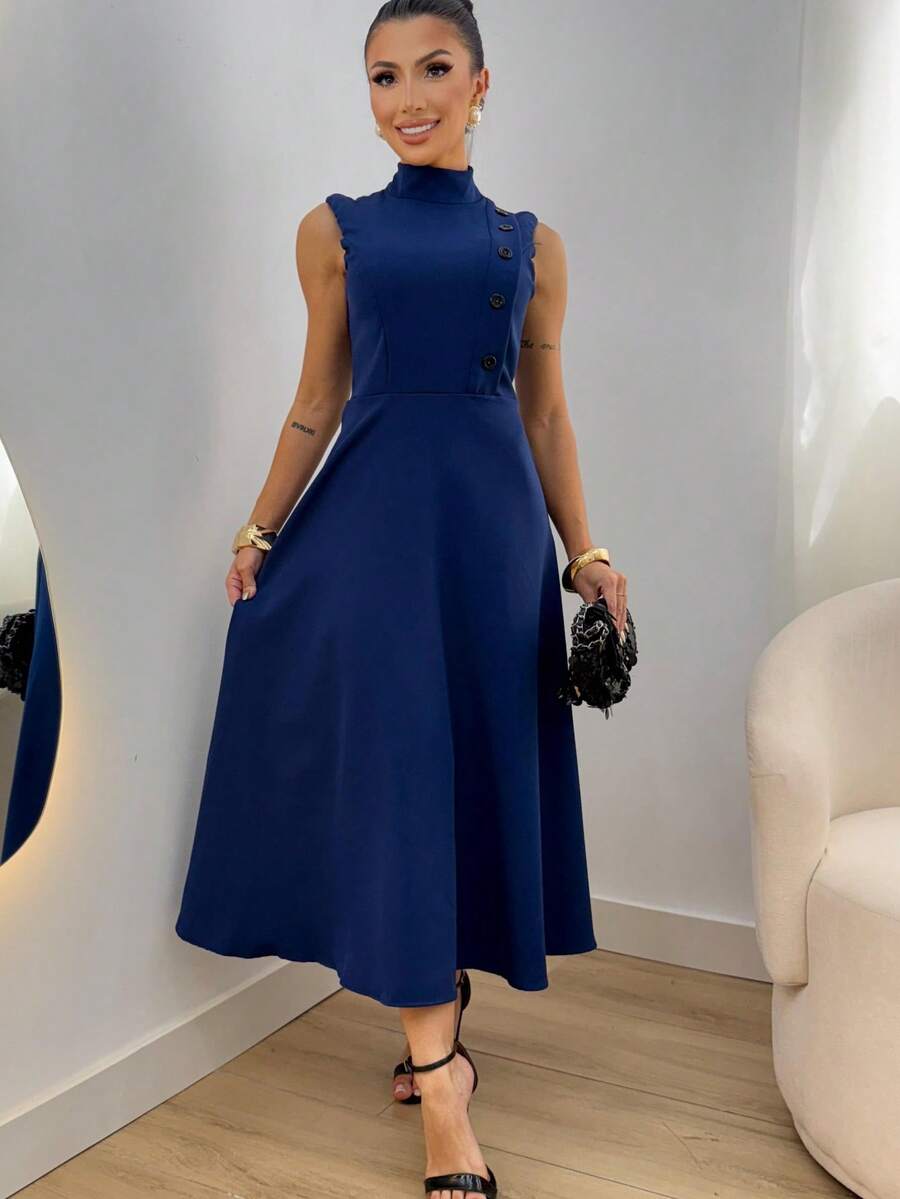 Elegant Women's Midi Dress | Premium Tailoring, High Neck, Sleeveless, With Side Buttons, Fashion Chic, Sophisticated, Summer, Evangelical Or Casual Fashion For Wedding Parties, Visits, Outings - 藏蓝色 - 查看 1