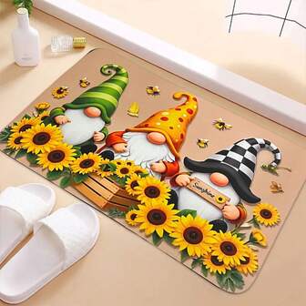 1 pieza Felpudo de bienvenida con gnomo feliz y girasol - Felpudo absorbente y ligero de poliéster para la entrada del hogar, la cocina o el baño, alfombra de baño | Decoración con tema natural | Alfombra ligera, felpudo decorativo de Navidad, Acción de Gracias, regalo de calcetín, alfombra de cocina