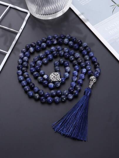 108 Mala Necklace 8mm Natural Sodalite Beaded Knot Healing Boho Style Yoga Meditation Tassel Long Necklace Spirit Rosary Jewelry For Women Men