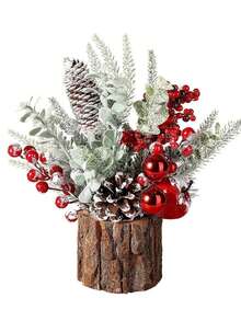 Juego de decoración navideña con barril de tronco, pequeño árbol de Navidad, adornos de sobremesa, accesorios de escena. Decoración del hogar con árbol de Navidad artificial de madera con corteza de PE simulada, pequeño árbol de Navidad de sobremesa con decoraciones festivas como bayas rojas, piñas y decoraciones navideñas para el hogar, la chimenea y la decoración de interiores de invierno.