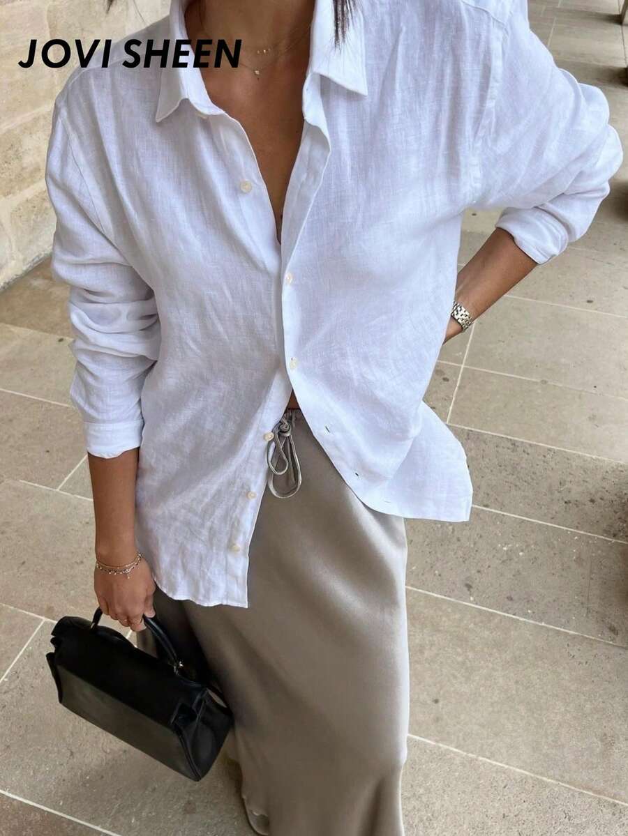 Camisa Branca Casual Elegante para Senhoras JOVI SHEEN, Camisa Feminina de Manga Longa com Lapela e Fileira Única, Roupa de Outono para Senhoras, Camisa de Escritório para Senhoras.