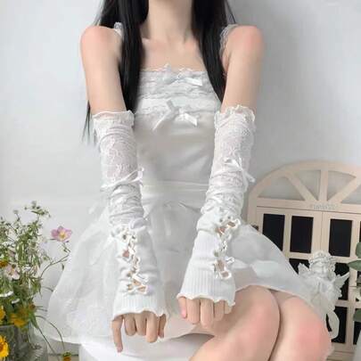 Y2K Style White Lace Sleeve Cuffs, Lightweight Sexy Lace-Up Long Gloves For Women, Summer Fashion, Photography Prop