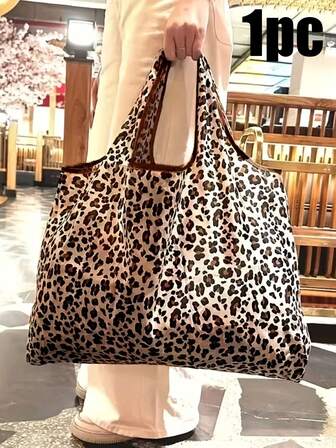 [Snygg leopardmönstrad tygväska] Slitstark polyesterväska med stor kapacitet för kvinnor, leopardmönstrad | Rymlig shoppingväska, lätt vikbar design för vardag, resor, arbete, mataffärer - Snygg leopardprickig väska, mångsidig bärväska, robusta handtag, modeaccessoar