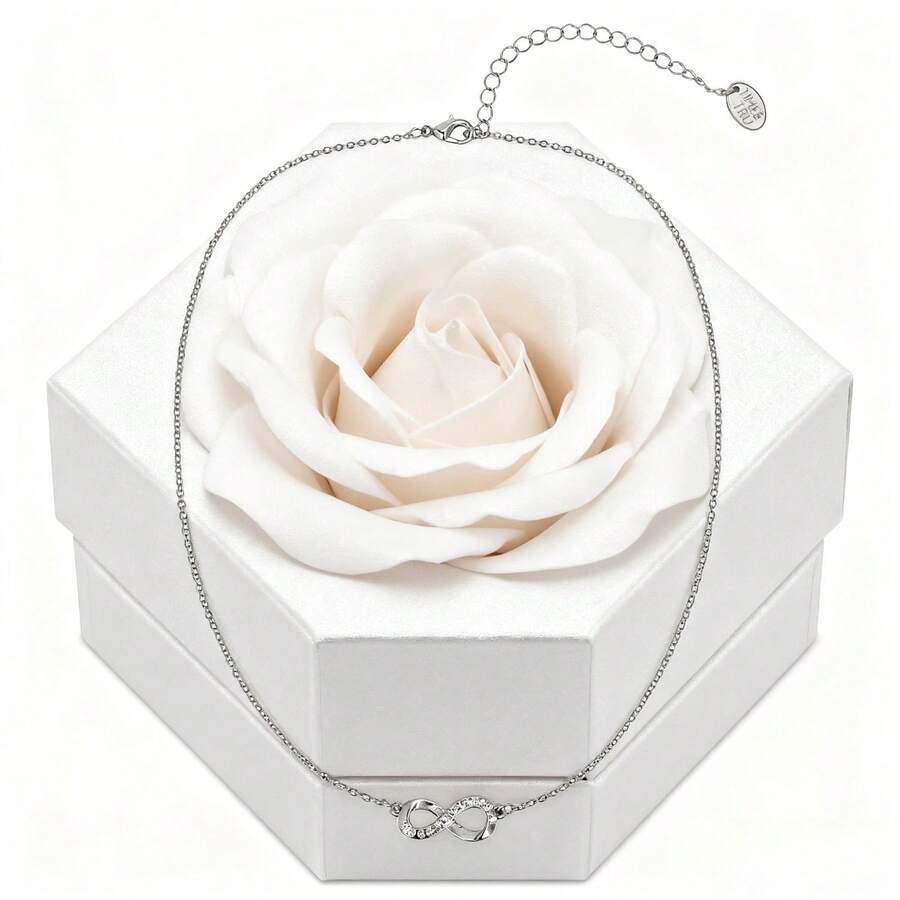 Eternal Love Condensed! The Silver Diamond - Inlaid Infinity Symbol Necklace Blooms With Romance In The Rose Gift Box.