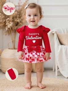 Baby Girls 4 Piece Outfits Valentine's Day Long Sleeve Round Neck Letter Print Jumpsuit Headband Short Tutu Skirt Leggings Set - Đỏ - Xem 9