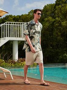 Men's Silk Hawaiian Floral Shirts Short Sleeve Button Down Casual Tropical Holiday Beach Shirtshalloween - 墨綠色 - 查看 10
