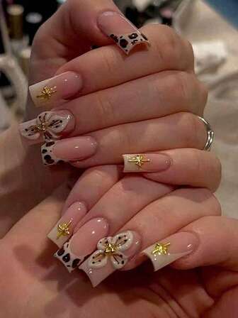 10pcs Y2K Style 3D Flower & Star Nail Stickers, Handmade Leopard Print French Square Fake Nails, Nude Pink Base With Flower Design, Gold Stars, Leopard Elements, Cute & Stylish, Essential For Autumn/Winter, Suitable For Dates, Parties, Daily Commute, Best Gift For Girls And Women