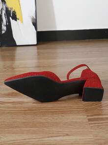 2025 Nuovi tacchi alti rossi in pizzo alla moda per donne, eleganti pumps con cinturino alla caviglia e tacco medio, scarpe Mary Jane con punta chiusa - Rosso - Visualizzare 7