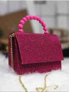 Mini Bolsa Infantil Feminina Rosa com Glitter, Alça de Pérolas e Corrente Dourada - rosa - Visão 4