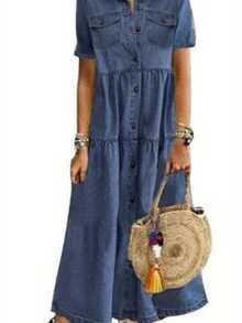 Women's Plus Size Denim Dress Short Sleeve Turn Down Collar Button Front Loose Swing Jean Dress - 藍色 - 查看 1