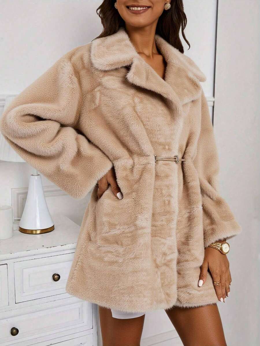 Women Faux Fur Coats - Khaki - View 1