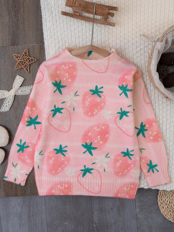 Para niñas que prefieren un ajuste ligeramente holgado, este elegante suéter infantil de otoño/invierno con un lindo estampado de fresa es un gran regalo para las vacaciones. Adecuado para actividades al aire vacaciones.