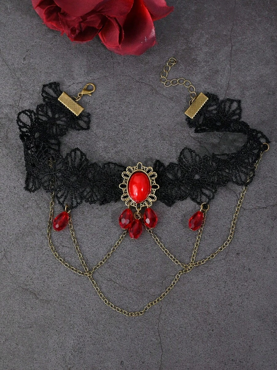 1pc Vintage Gothic Style Lace Arm Chain, Teardrop Tassel Multilayer Bracelet Arm Cuff, Suitable For Women's Daily Wear, Wedding, Party, Halloween Costume