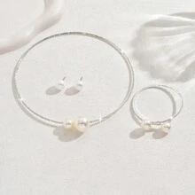 Minimalist Clavicle Chain Necklace, Earrings, Bracelet Jewelry Set For Women, Fully Paved With Pearls Open Choker