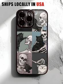 Skeleton And Cat Pattern Phone Case For IPhone 17\17Air\17ProMax\17Pro\16\16Plus\16Pro\16ProMax\16E\15\14\13\12\11ProMax\Plus\Pro& S25\S24\S23Ultra\S22 Plus\Ultra\ A54 – Shockproof Slim Clear TPU Cover With Camera Protection – Aesthetic Gift For Women Men Teens Holiday - 黑色 - 查看 5