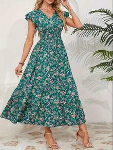 Women's A-Line Summer Dress, Ruffled Sleeves, V-Neck, Floral Print, Elastic Waist - 綠色 - 查看 8