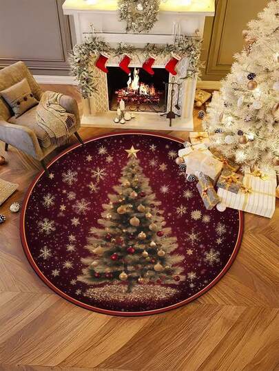 1pc Christmas Tree Pattern Carpet With Red & Gold Ball Ornaments, Christmas Decoration, Bedroom Decor, Small Rug, Carpet, Home Decor, Living Room Carpet, Living Room Small Rug, Bedroom Carpet, Living Room Home Decor, Outdoor Rug, Washable Carpet