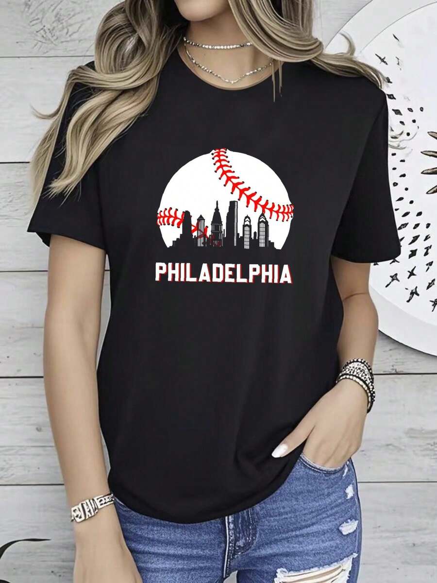 180g pure Cotton Vintage Distressed Philly Baseball Lovers T Shirt Soft Top For Everyday Wear women Breathable fashion Casual Stylish Print Round Neck Short Sleeve T-Shirt For Women Casual Summer Stretched Women Top Graphic Tees female Unisex streetwear Versatile - Negro - Ver 1