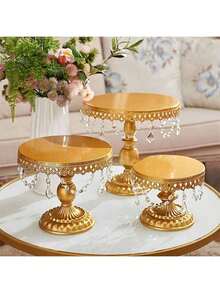 3Pcs Antique Cake Stand Set - Round Metal Cupcake Stands With Pendants And Beads - Elegant Dessert Display, For For Wedding, Birthday Party Decor - 金色 - 查看 1