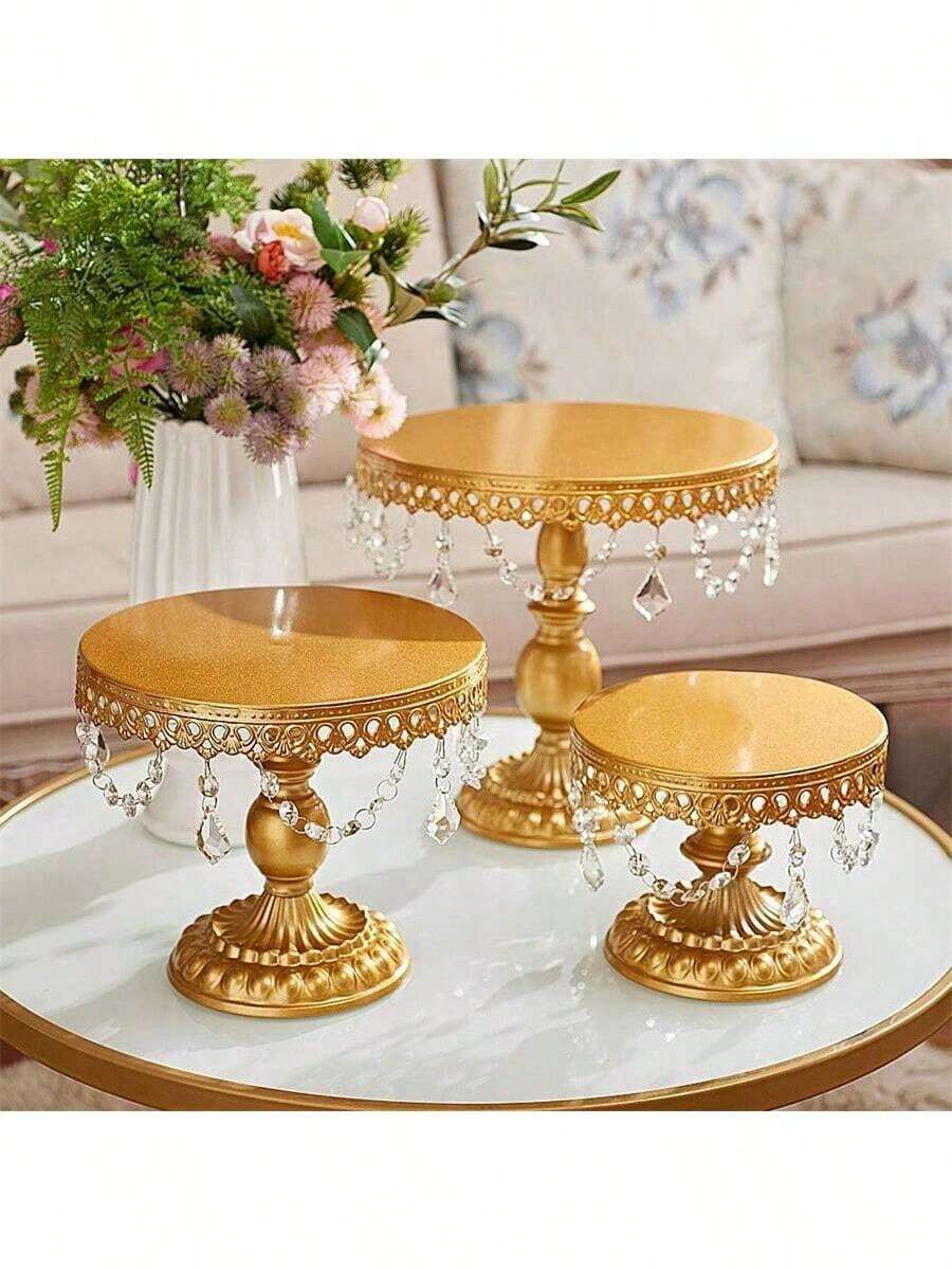 3Pcs Antique Cake Stand Set - Round Metal Cupcake Stands With Pendants And Beads - Elegant Dessert Display, For For Wedding, Birthday Party Decor - 金色 - 查看 1