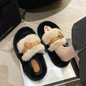 Women's Faux Fur Open Toe Slides - Soft Fluffy Non-Slip Sandals With Leather Buckle Strap, Cozy Indoor Outdoor Casual House Shoes For Daily Vacation
