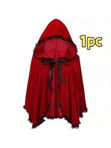 Red & Burgundy Halloween Velvet Cloak, Short Ruched Lace Trim Hooded Cape
