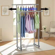 Cuierul vertical cu două rânduri față-spate, cu roți și tije duble, este un dulap mobil din oțel inoxidabil, potrivit pentru birouri, cămine, balcoane și dormitoare. Este convenabil pentru depozitarea hainelor și ușor de mutat și depozitat. - Argint - Vizualizare 5