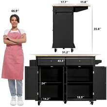 Rolling Kitchen Island With Drop Leaf – Movable Kitchen Carts On Wheels Island With Storage Cabinet, Island Table For Kitchen With Rubber Wood Top And Rack And Drawers - 黑色 - 查看 9