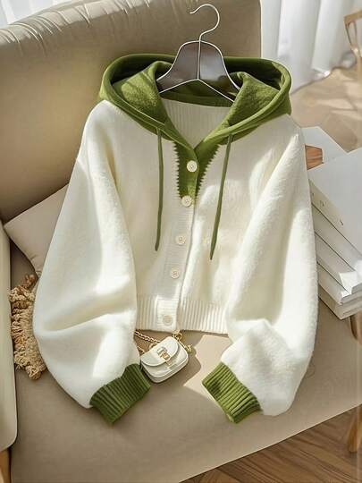 Contrast Color Hooded Single-Breasted Loose Soft Knit Cardigan, Fashion & Versatile