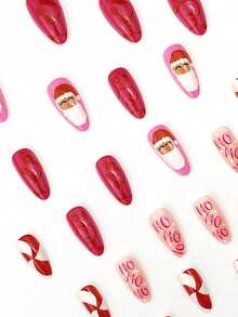 Bộ 24 miếng dán móng tay hình hạnh nhân chủ đề Giáng sinh, màu đỏ hồng với chữ "Ông già Noel" và họa tiết kẹo xoắn ốc, thích hợp cho các bữa tiệc, hẹn hò, tụ họp, quà tặng năm mới dành cho phái nữ để tôn lên vẻ quyến rũ của bạn! - Màu Hồng Tươi - Xem 4