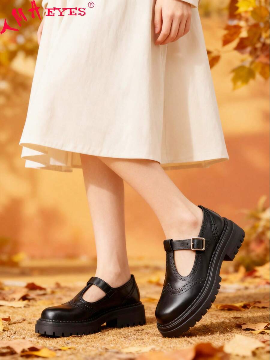 Women's Round Head Thick Bottom Chunky Heel Single Shoes T Buckle Strap Mary Jane Women's Shoes - 黑色 - 查看 1