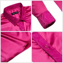 Mens Satin Silk Shirts Long Sleeve Designer Dress Shirt Shiny Untucked Casual Button Down Shirt Party Disco Formalhalloween - 緞面閃亮亮粉紅色 - 查看 2