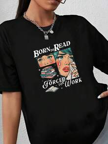 180g pure Cotton Born To Read Vintage Forced Work Bookish Addict Bookworm or T Shirt Casual fashion Print Round Neck Short Sleeve Unisex women graphic female Stretched Top For Everyday Wear Stylish Women Top Graphic Tees Versatile Comfortable Slightly Soft Breathable - Negro - Ver 1