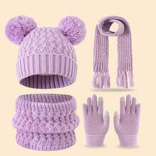 Conjunto de 4 piezas de gorro/bufanda/guantes de punto para niños, atuendo de invierno grueso y cálido, moda minimalista y linda, adecuado para niños de 3 a 12 años para actividades al aire libre como senderismo/esquí y uso diario en invierno