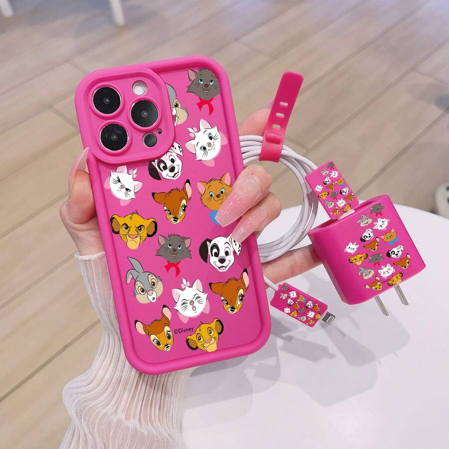 Disney Estuche de teléfono y juego de cable de datos con diseño de patrones con licencia oficial compatible con modelos de las series 17, 16, 15, 14, 13, 12, 11