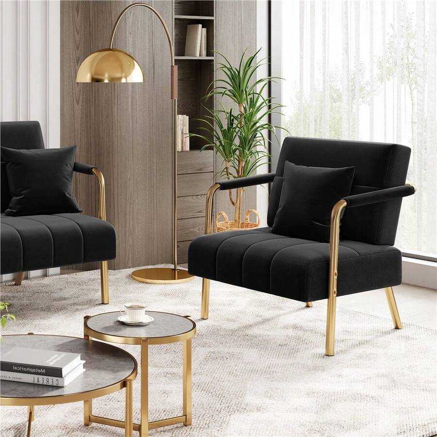 Butterslay 1pc Upholstered Accent Chair Modern Velvet Chair With Golden Metal Legs & Cozy Pillow, Leisure Arm Chair For Home Office - 黑色 - 查看 1