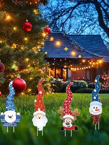 4pcs Christmas Garden Sign Set - Art Deco Style Santa And Reindeer Courtyard Sign, Durable Plastic Material, Outdoor Holiday Decoration, Suitable For Lawn Display, Outdoor Christmas Decorations, Christmas Courtyard Lawn Decorations, Indoor And Outdoor Decorative Sign Marker