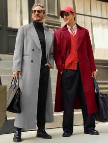 Mens Full Length Trench Coat Notched Lapel Long Jacket Double Breasted Classic Winter Overcoathalloween - 酒紅色 - 查看 5