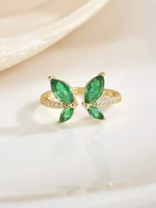 1 Peça Anel Aberto com Design de Borboleta Incrustado de Zircônia Cúbica em Cobre, Design Delicado e Vívido, Pertence ao Estilo de Joias Fresco e da Moda, Adequado para Embelezamento do Visual Diário