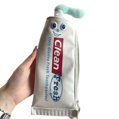 Fun Toothpaste Shaped Makeup Bag With Pencil - Cute Polyester Desktop Organizer, Stationery Lovers