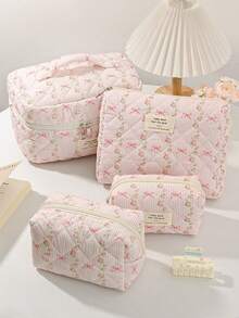 1Pc/Set Sweet Pink Striped Bowknot Pattern Wash And Cosmetic Bag Set,Portable Large Capacity Travel Organizer Toiletry Bag Makeup Bag Skincare Bag - Multicolor - View 16