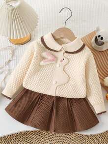 2pcs Girls Rabbit Knitted Cardigan & Skirt Set, Cute Winter Outfit For Young Girl - Beige - View 1