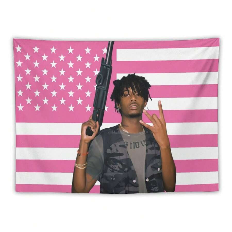 Playboi Rapper Carti American Flag Tapestry. Pink Gift. Easy Hang, Durable. Ideal For Living Room. Bedroom. Man Caves, Dorm Decor. Outdoor Parties. - Pink - View 1