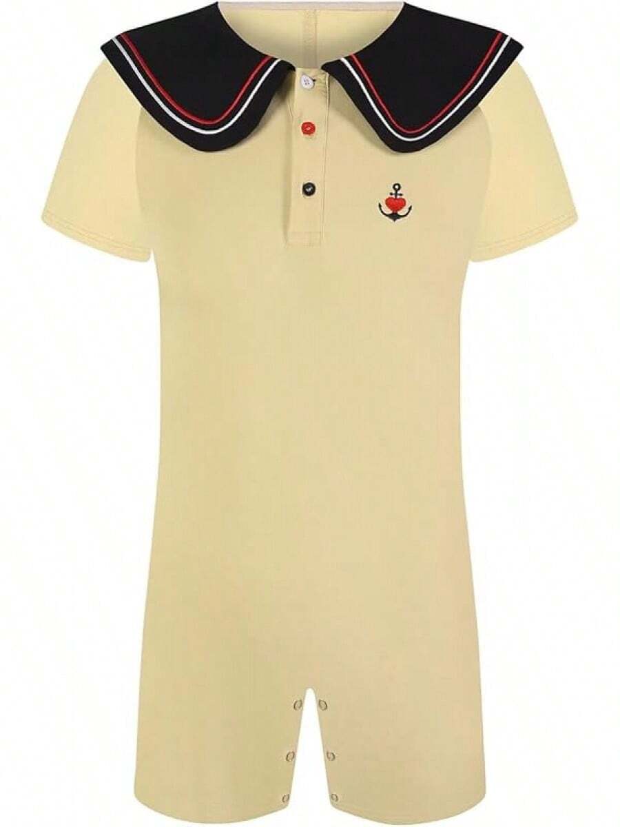 Men's Cotton  Sailor Collar Bodysuit Short Sleeve Print Romper Pajama - Captainhalloween - Brown - View 1