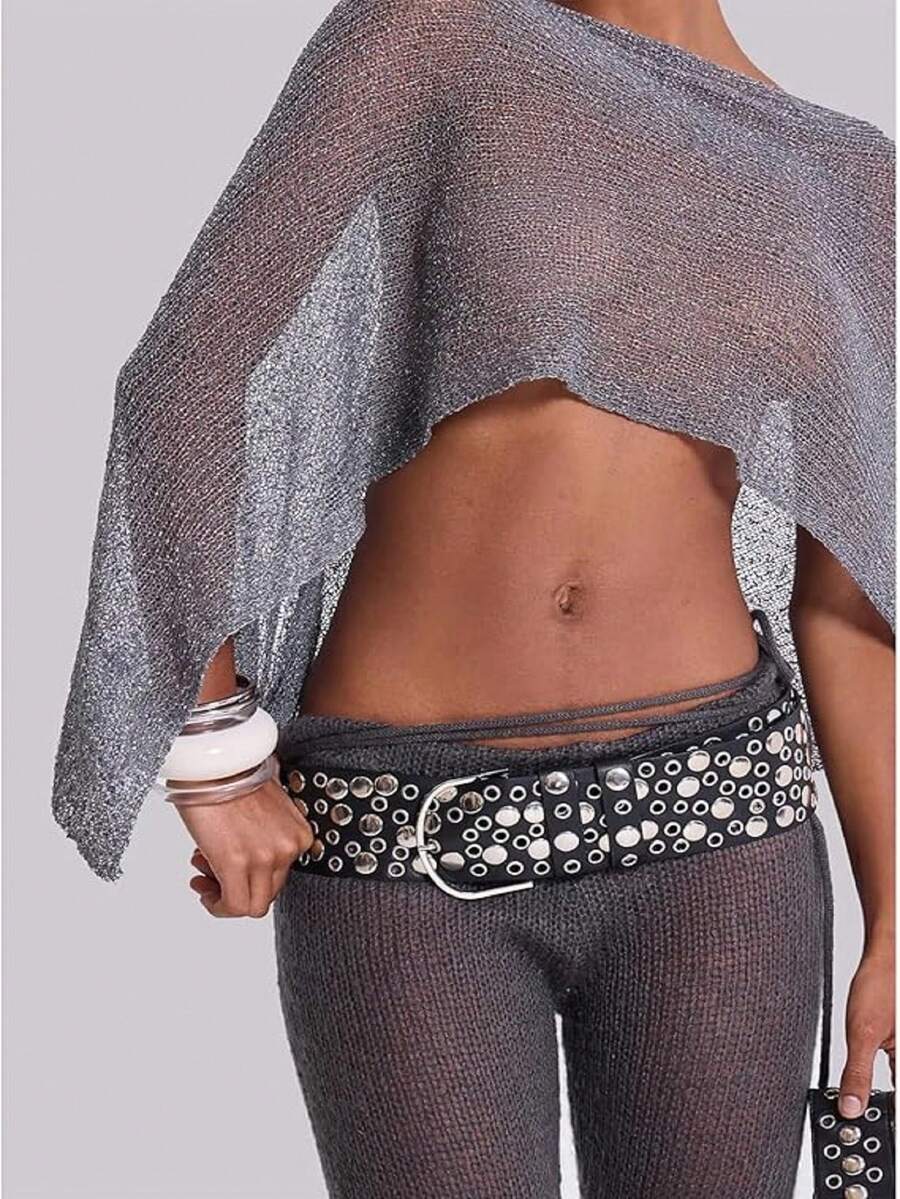 Women Sheer Knit Poncho Shrug Lightweight One Shoulder Pullover Top Asymmetrical Hem Cover Up Crochet Shawl - 銀色 - 查看 1