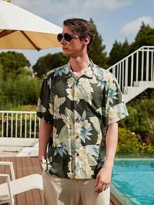 Men's Silk Hawaiian Floral Shirts Short Sleeve Button Down Casual Tropical Holiday Beach Shirtshalloween - 墨綠色 - 查看 3