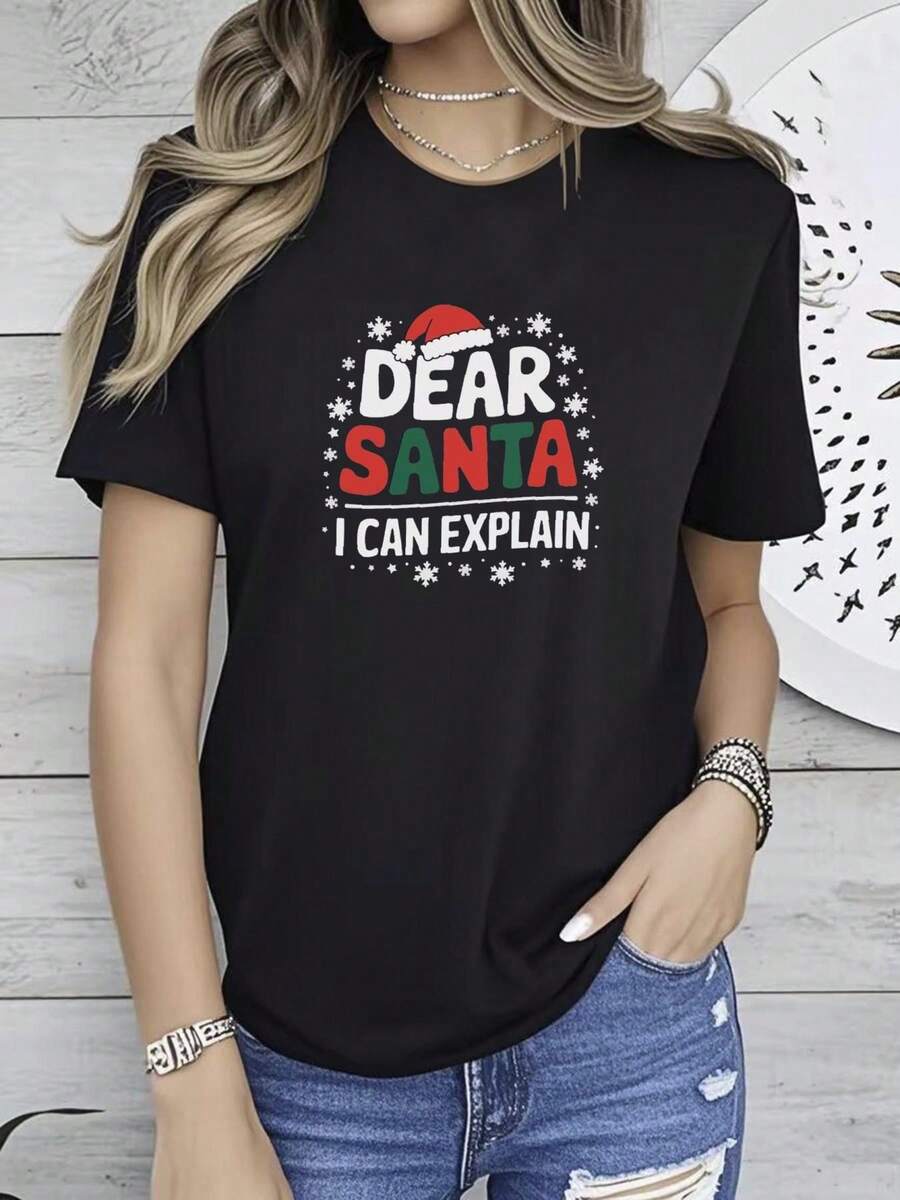 180g pure Cotton Christmas Unisex Tee Dear Santa I Can Explain Shirt with Snowflakes and Santa Hat, Holiday Xmas Gift, Funny Christmas Shirt, Festive Tee, Top For Everyday Wear designer clothes Breathable Versatile Women Top Graphic Tees graphic women Stylish - Negro - Ver 1