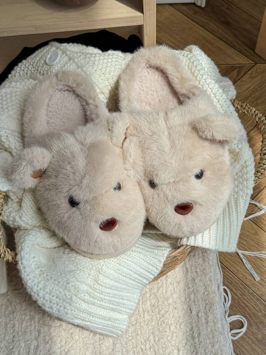 Damskie beżowe kapcie z motywem misia z kreskówki, urocze, pluszowe, z motywem rodziny zwierząt EVA, grube, puszyste, zimowe kapcie do użytku wewnątrz i na zewnątrz