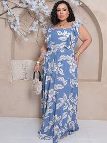 Plus Size Long Dress With Ruffle On The Shoulder - Azul Estam. - View 3